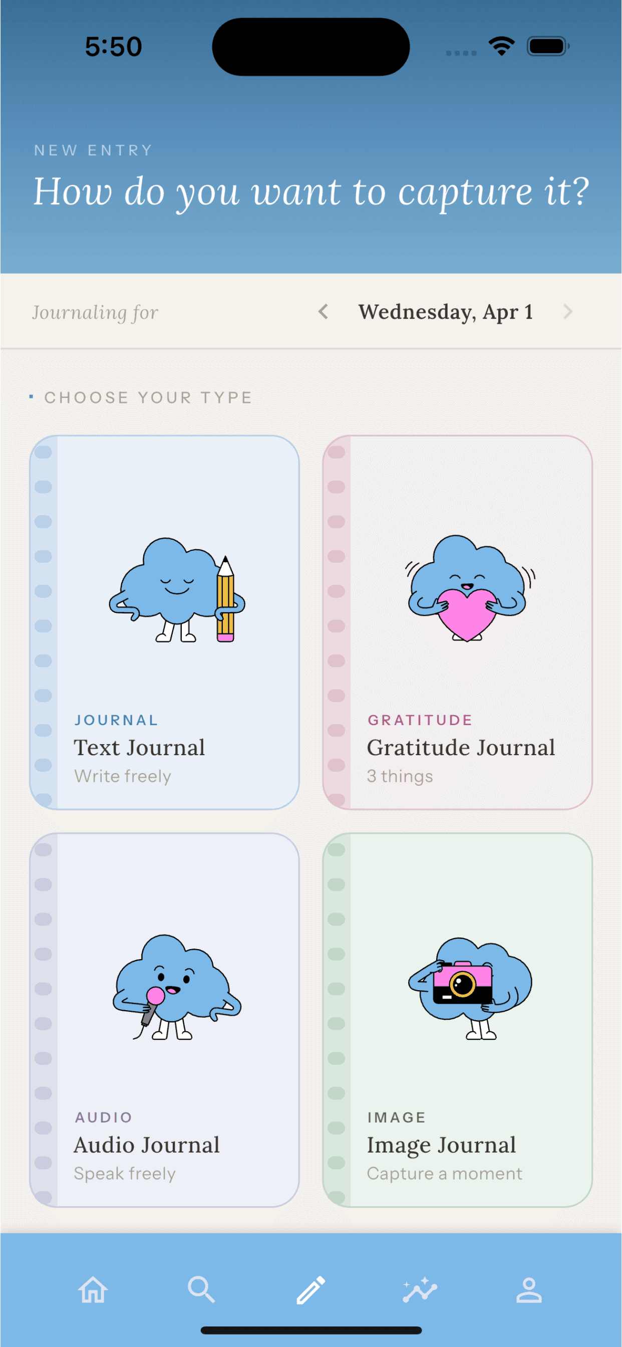 Choose text, gratitude, audio, or image journal